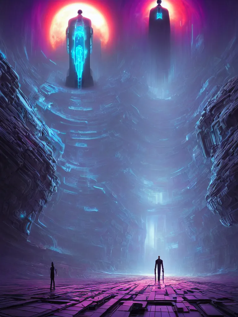 Image similar to entrance to ethereal realm, humans and robots, rendered in unreal engine, central composition, symmetrical composition, dreamy colorful cyberpunk colors, 6 point perspective, fantasy landscape with anthropomorphic!!! terrain!!! in the styles of igor morski, jim warren, and rob gonsalves, intricate, hyperrealistic, volumetric lighting, big sky, distinct horizon