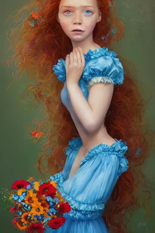 Prompt: a digital matte painting whimsical of an young beautiful face girl, with curly red hair, freckles, blue frilly dress and flowers whimsical, by magali villeneuve