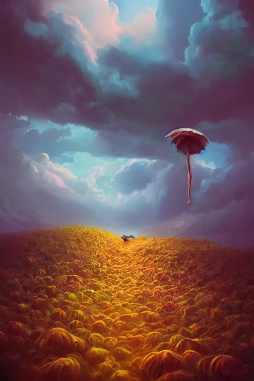 Image similar to perspective giant dahlia flower as head, girl standing on mountain, surreal photography, blue storm clouds, dramatic light, impressionist painting, digital painting, artstation, simon stalenhag