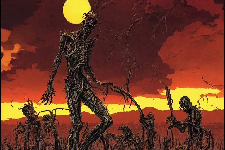 Image similar to disturbing horror zombie manga cover illustration by junji ito and joe fenton and syd mead and p. craig russell and barry windsor - smith, artstation, 4 k, graphic novel, concept art, matte painting, beautiful american rustic western landscape sunset background, golden hour, art nouveau