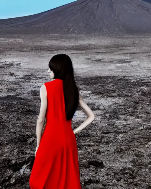 Prompt: high fashion photography of an elegant chic young woman model with cropped bangs and long straight hair, she is wearing a minimalist simple dress, intense expression, at the edge of an active volcano caldera spewing magma, by Steven Meisel and Chris Cunningham