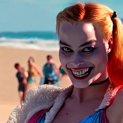 Image similar to margot robbie harley quinn at the beach 4 k detailed super realistic