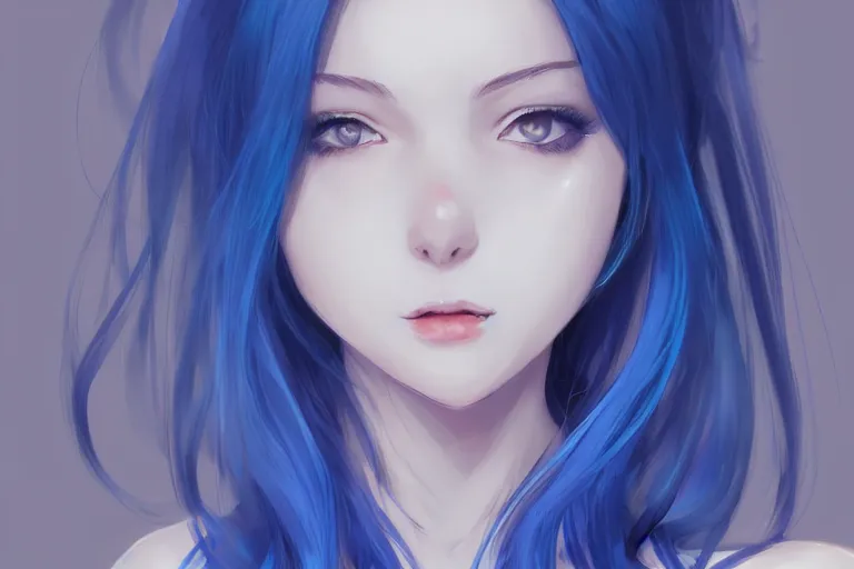 Image similar to Beautiful girl, blue hair, symmetrically, smiling, pixiv, artist WLOP artstation, artist Mam BA artstation, real photo, very detailed, realistic proportions, knowledge of anatomy, anatomy for beginners, true proportions of the face