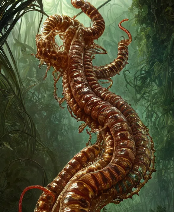 Image similar to intricate ornate opulent transparent clear see - through portrait of a terrifying beautiful emaciated male alien centipede, mottled coloring, adorable, childlike, overgrown jungle environment, ultra realistic, concept art, art nouveau, photorealistic, octane render, 8 k, unreal engine. art by christopher marley and artgerm and greg rutkowski and alphonse mucha