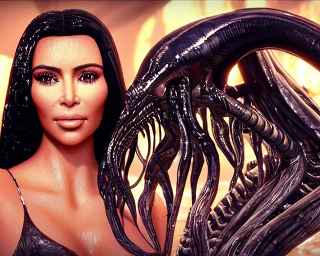 Image similar to film still of kim kardashian being fed by an xenomorph slathered in a transparent alien liquid, wet flowing hair, gooey skin, illustration, unreal engine 5, 8 k, directed by h. r. giger.