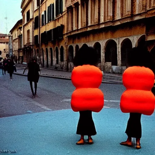 Image similar to two women dressed as squishy inflatable toys from behind, on the streets of rome, film still, fellini 1977 technicolor