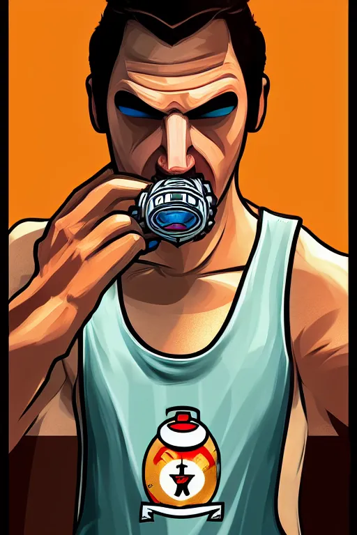 Prompt: boy with singlet tshirt and towel on shoulder. grand theft auto chinatown art style, bioshock art style pop art, no duplicate image, dynamic proportional, digital painting, artstation, concept art, smooth, sharp focus, illustration, intricate, hyperdetails, art by richard hamilton and mimmo rottela, pixels art by paul robertson