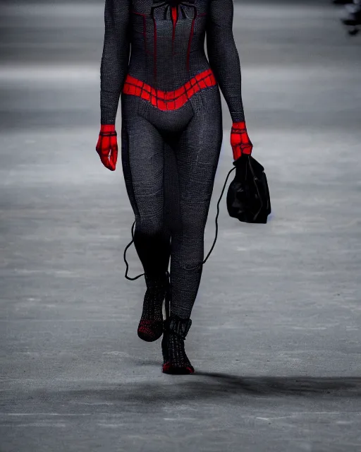 Prompt: hyperrealistic and heavy detailed 2321s Yeezy runway show of spiderman, Leica SL2 50mm, vivid color, high quality, high textured