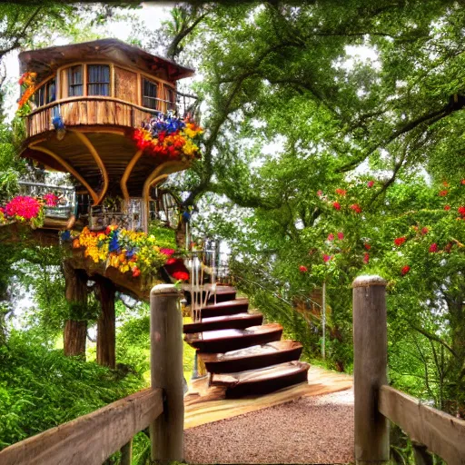 Prompt: a staircase to a treehouse covered in flowers, hd, high detail, vivid color