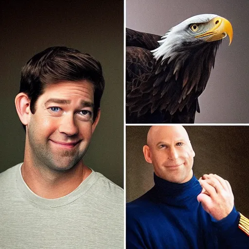 Image similar to john krasinski saluting a bald eagle, portrait, beautiful, patriotic, perfect face, spontaneous portrait, sharp focus, octane