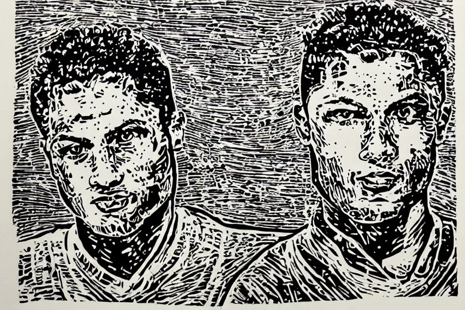 Image similar to a linocut engraving of ronaldo fenomeno