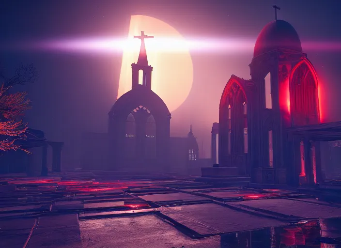 Image similar to symmetry!! centered!! ancient church of worship with red shafts of light in destiny 2, foggy, liminal, dark, dystopian, beautiful architecture, abandoned, highly detailed 4 k 6 0 fps destiny 2 promotional poster image wallpaper expansion