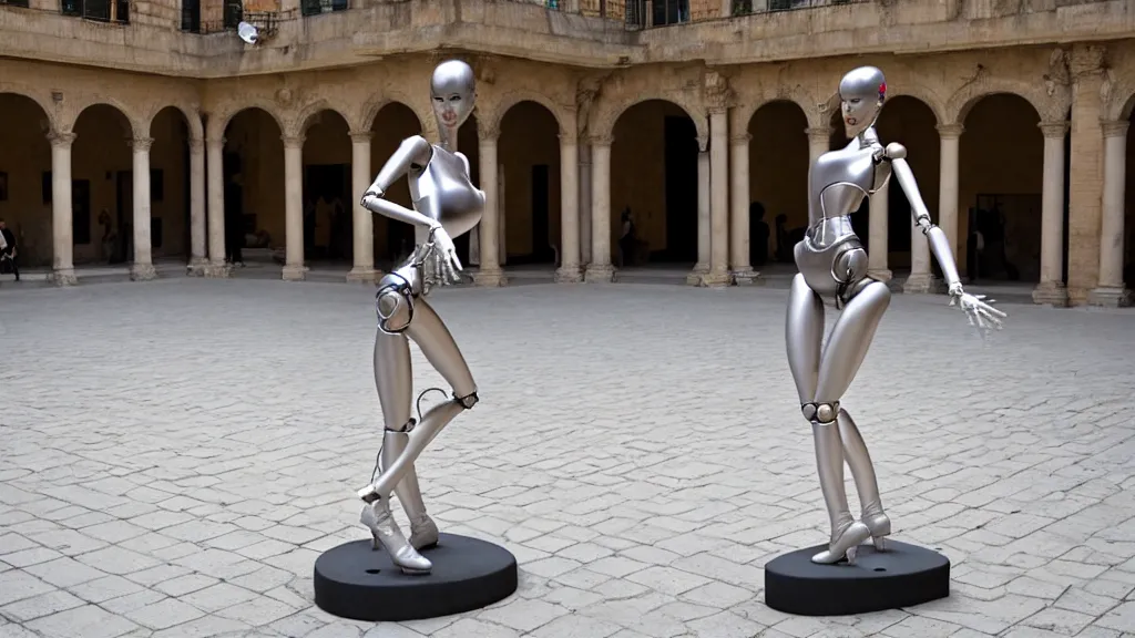 Image similar to a hajime sorayama sculpture of a svelte robotic ballerina on display in a roman courtyard.