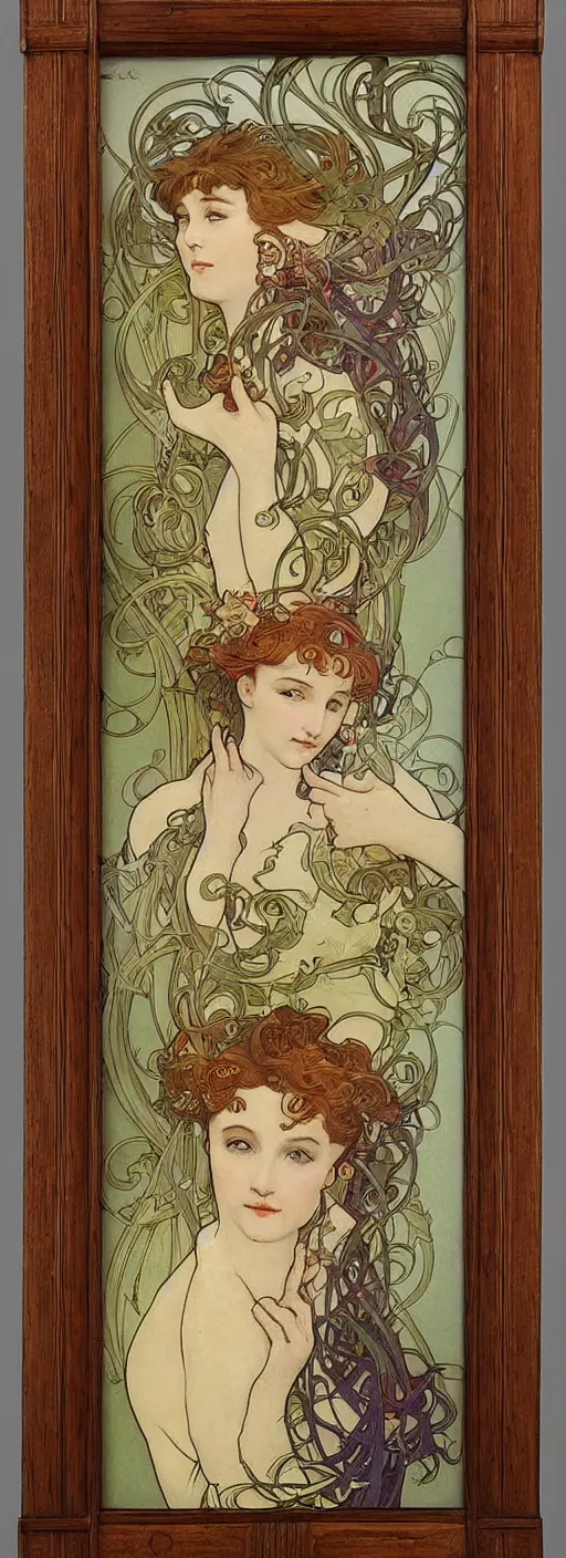 Prompt: an art nouveau wood screen picture frame by brian froud and alphonse mucha