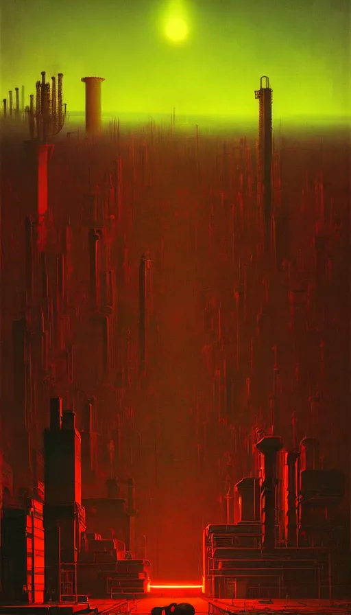 Image similar to a giant weird industrial zone with strange lights in the background, in the style of beksinski, by edward hopper and rodcenko and yue minjun and cory loftis, intricate and epic composition, red by caravaggio, highly detailed, masterpiece, artstation, art nouveau