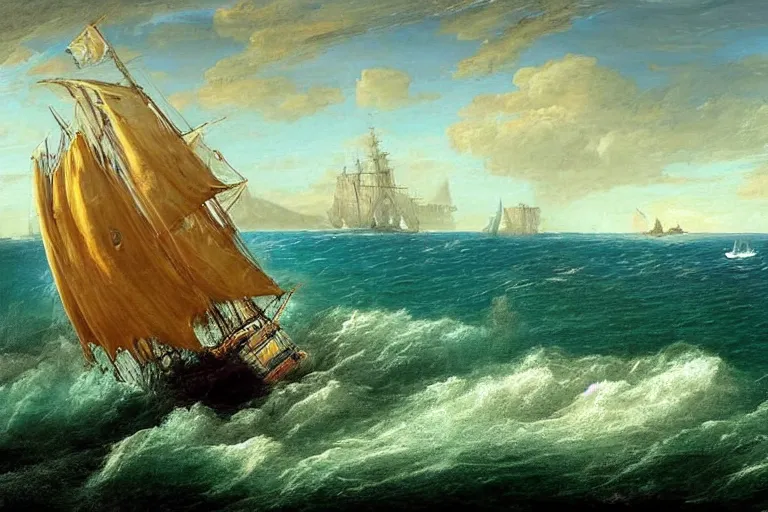 Prompt: beautiful ocean landscape man o war ship sailing with waves, mythology, fantasy, landscape background, vivid colors, digital painting, very detailed, realistic, high quality, by claude lorrain