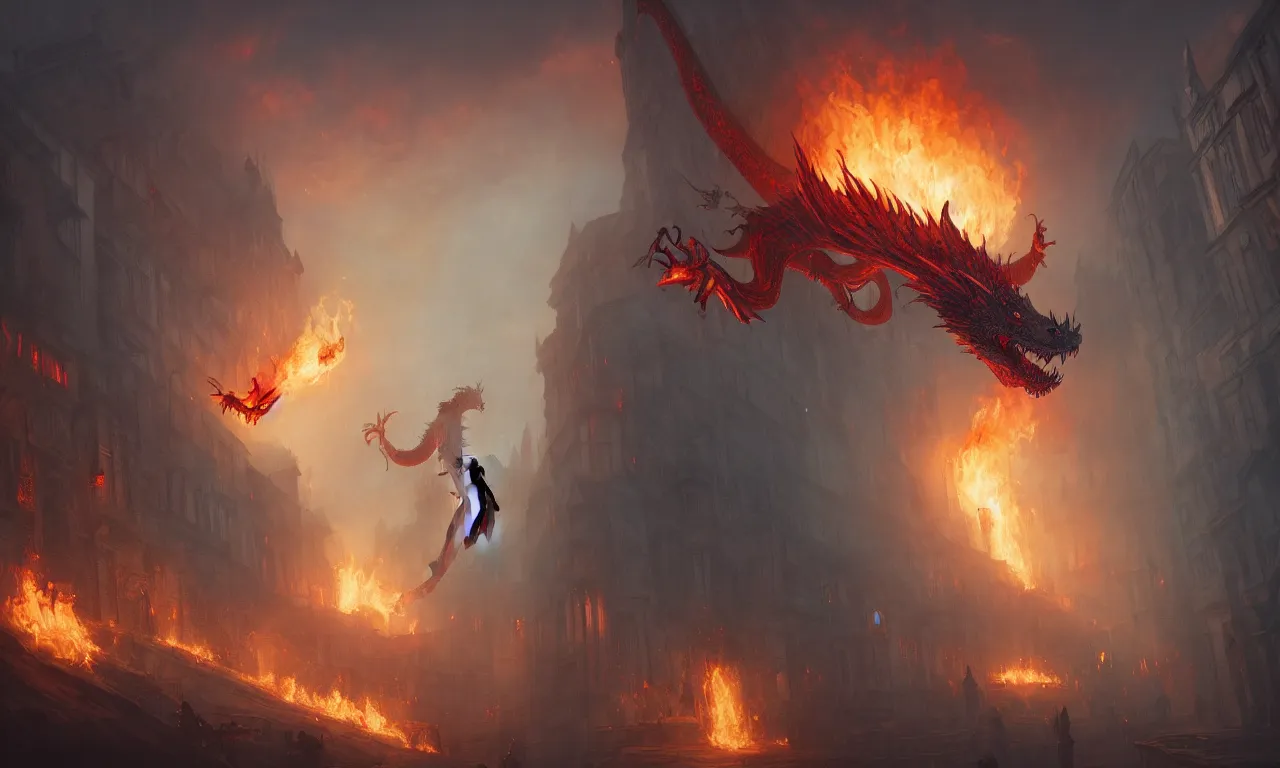 Prompt: a dragon is breathing fire on a medieval city, ultrarealistic, canon 3 5 mm photography, 8 k, wide view, cinematic view, cinematic, 8 k, digital photo, unreal engine, colored paint, colorful paint, scary style, by atey ghailan, artstation