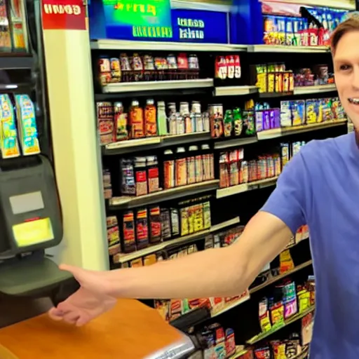 Prompt: Jerma985 robbing a 711 cashier, convenience store interior background, Jerma