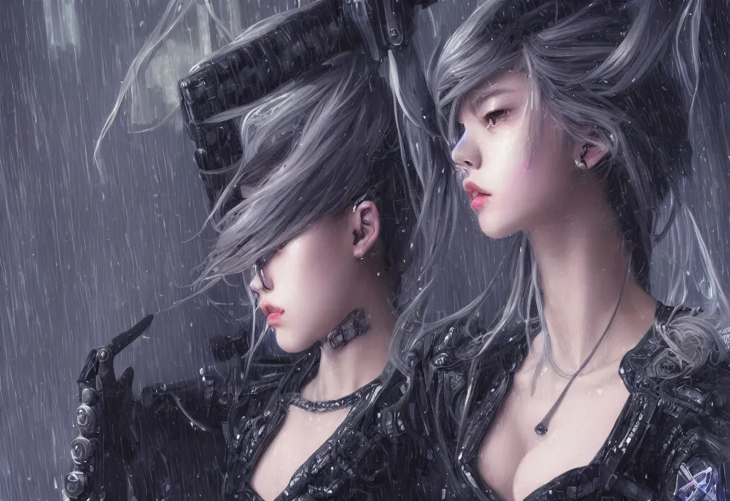 Image similar to portrait lisa blackpink + medium grey hair of futuristic police girl, black armored uniform, at futuristic cyberpunk color tokyo rainy night, ssci - fi and fantasy, intricate and very very very beautiful, highly detailed, digital painting, artstation, concept art, smooth and sharp focus, illustration, art by tian zi and wlop and alphonse mucha