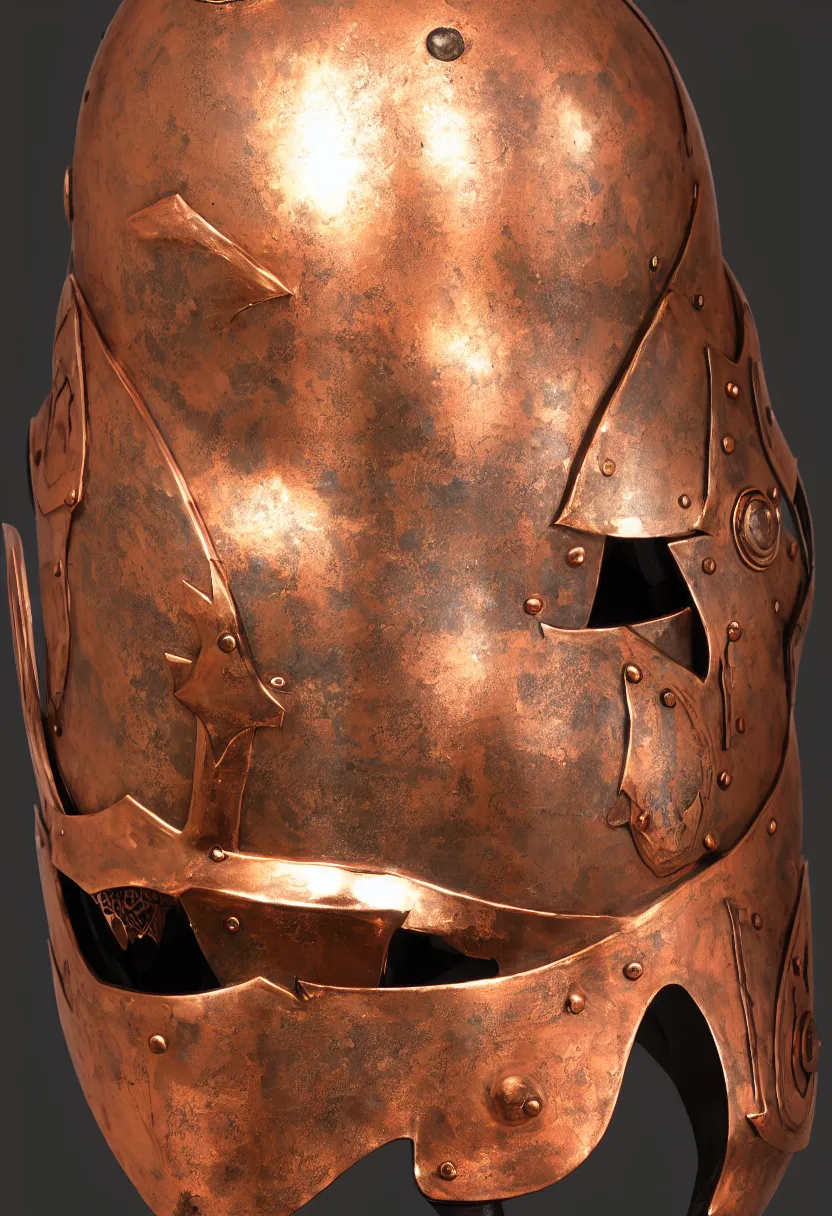 Image similar to a presentation photo of a duel knight's helmet that is made of copper and gold, beautiful ornated details