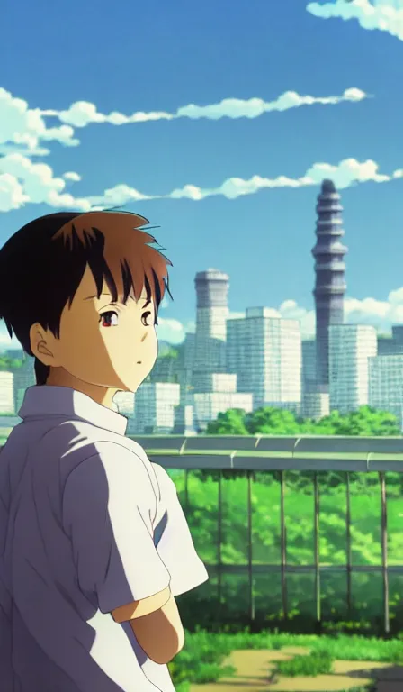 Image similar to anime fine details portrait of school boy in front of modern tokyo city landscape on the background deep bokeh, close-up view, anime masterpiece by Studio Ghibli, 8k, sharp high quality anime, artstation