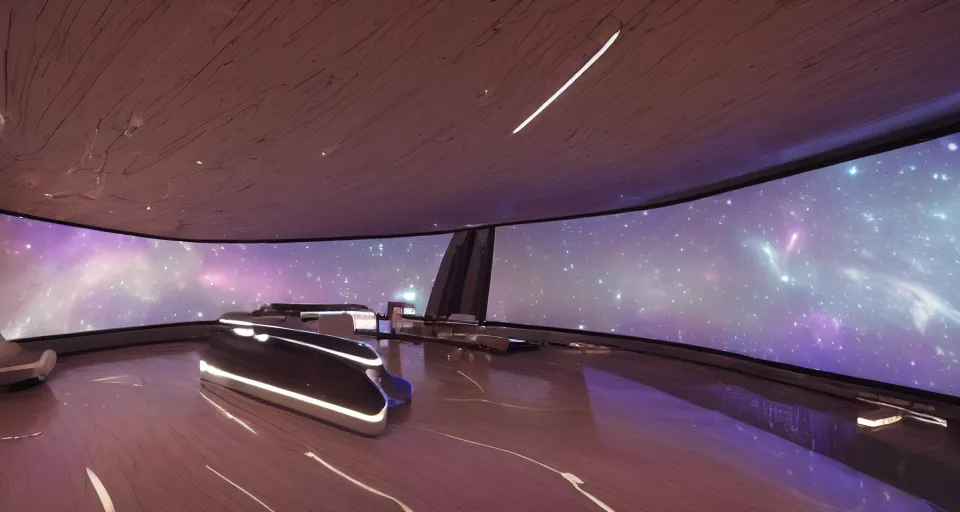 Image similar to Film still of the bridge of a space ship, stars and nebula outside, huge viewscreen at front, control panels, dark walnut wood effect, pot plants, organic, white leather, high end interior, soft warm light, purple highlights, simple ceiling, soft edges, calm feeling, Cinestill colour cinematography, anamorphic, detailed, 4k, 8k, intricate, digital art, matte painting