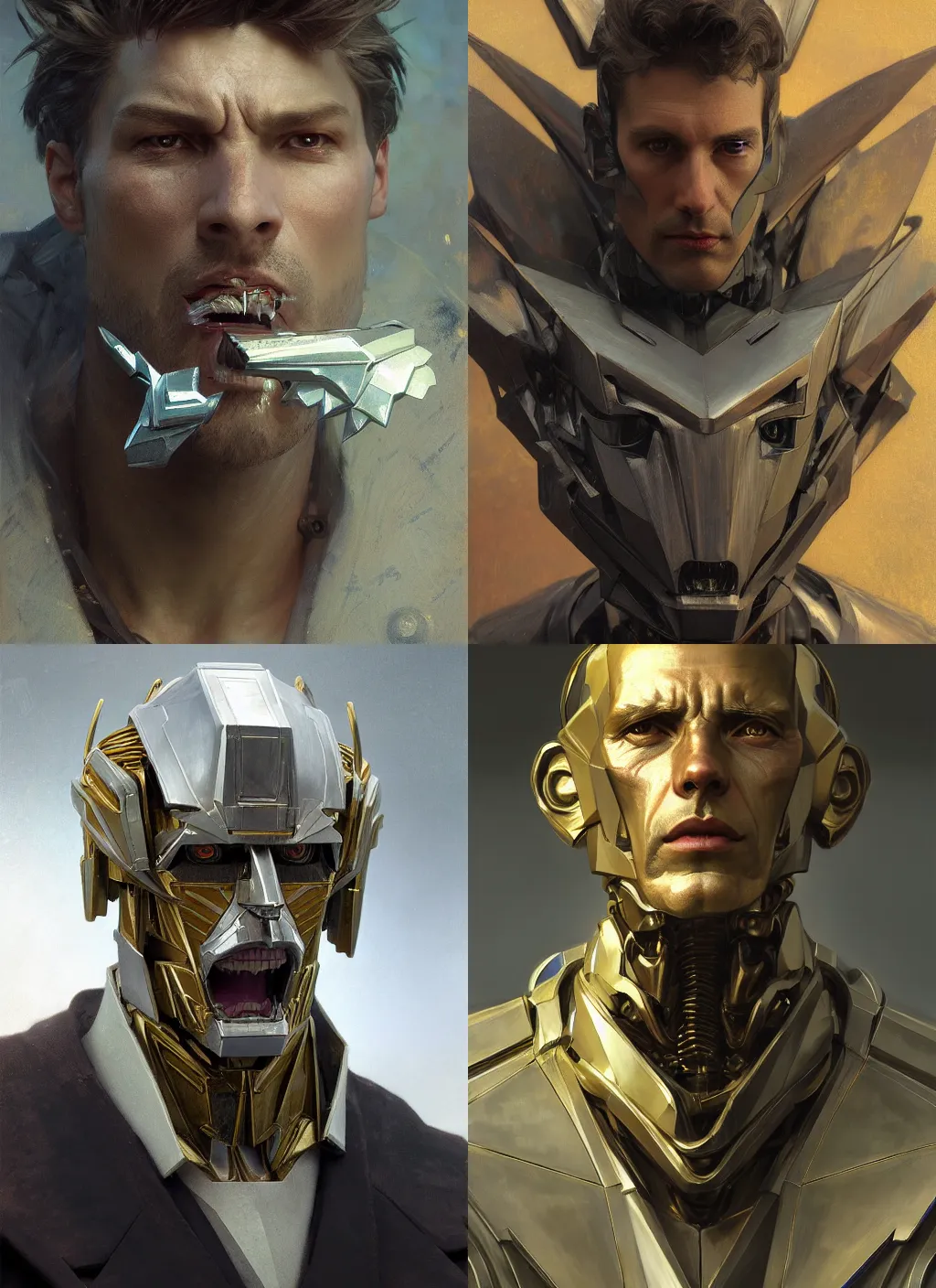 Prompt: Concept Art Portrait Handsome Man snarling seductively, Mecha with a smooth silver humanoid 3rd party transformers face headsculpt, Highly detailed by greg rutkowski, Ilya repin, alphonse mucha, and Edmund Blair Leighton. Very highly detailed 8K, octane, Digital painting, the golden ratio, rational painting, sharp
