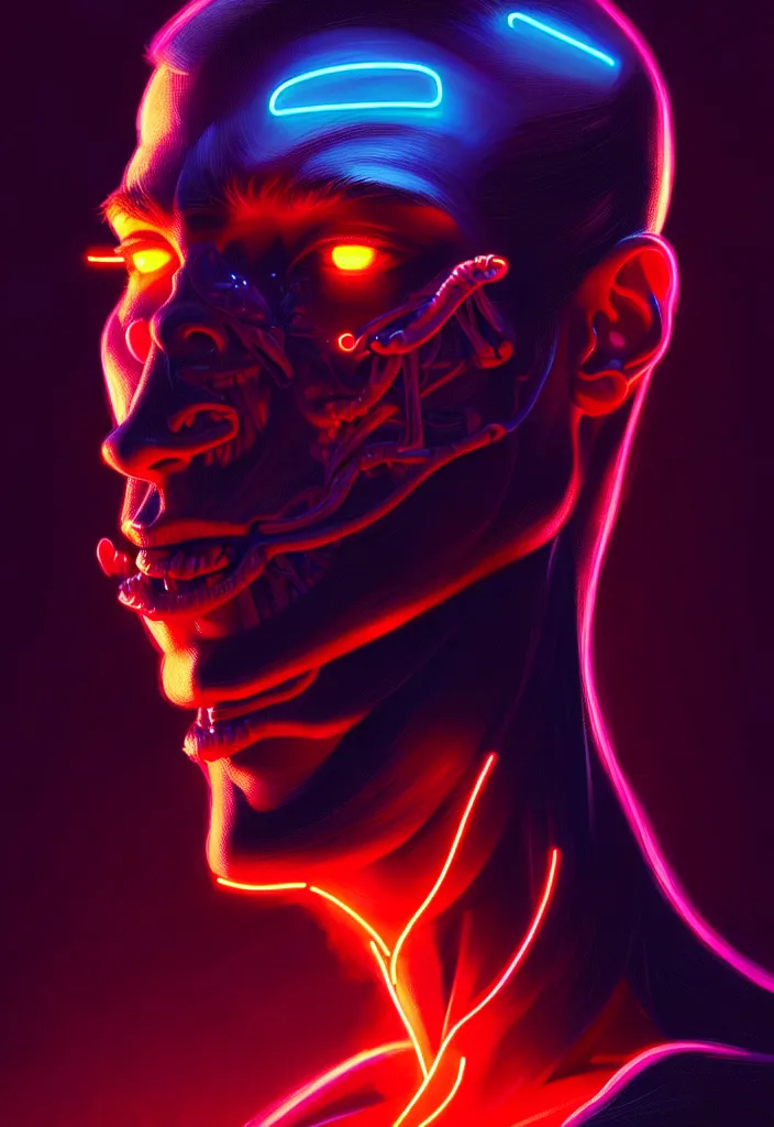 Image similar to portrait of male humanoid, intricate, perfect anatomy, neon lighting, highly detailed, digital photography, artstation, stylish pose, concept art, smooth, sharp focus, illustration, art by artgerm and greg rutkowski