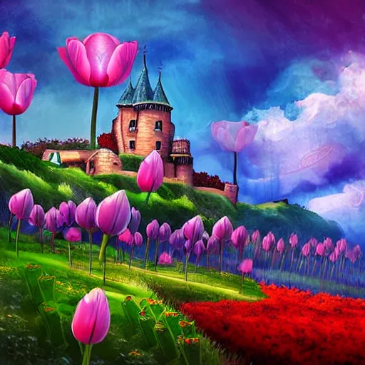 Image similar to flying tulip fortress, fantasy art, sky in the background, detailed, behrens style