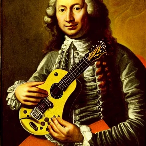 Prompt: Antonio Vivaldi playing a Stratocaster electric guitar, 18th century portrait