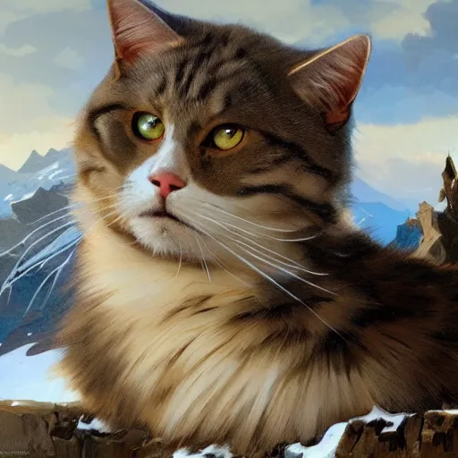 Image similar to Concept art, A shiny Ragdoll cat sitting by snow mountains, 8k, alphonse mucha, james gurney, greg rutkowski, john howe, artstation