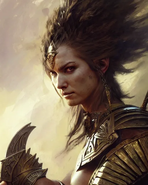 Image similar to a fierce and muscular warrior princess in full armor, fantasy character portrait by greg rutkowski, gaston bussiere, craig mullins, simon bisley