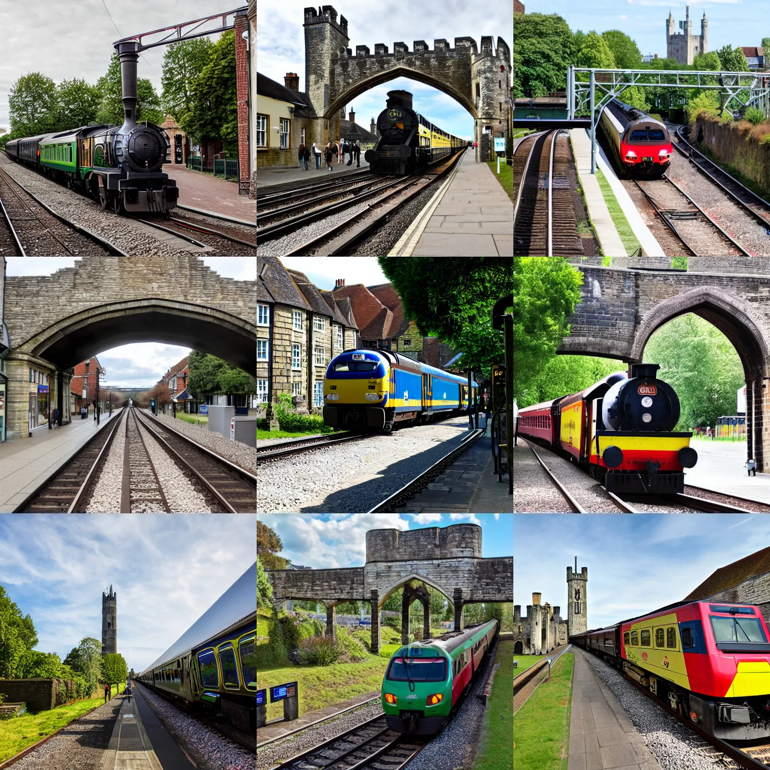 Prompt: train driving through the west gate in canterbury