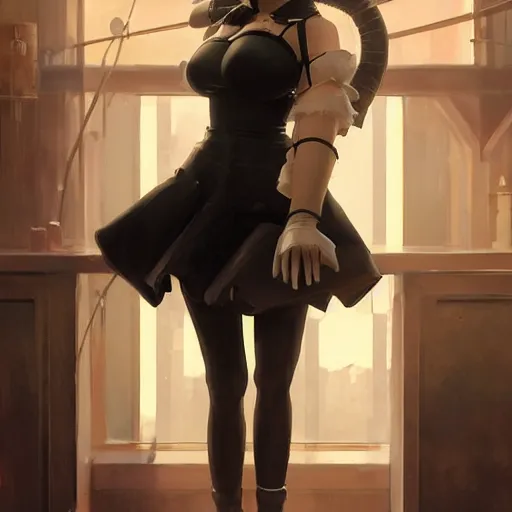 Image similar to highly detailed painting of 2 b from nier automata wearing a latex suit drunk in a bar, stephen bliss, 8 k, by greg rutkowski, loish, rhads, artgerm, ferdinand knab, makoto shinkai and lois van baarle, ilya kuvshinov, rossdraws, global illumination, radiant light, detailed and intricate environment