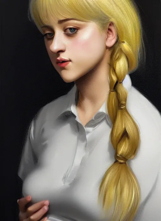 Image similar to full body portrait, teenage lili reinhart, blonde hair, obese, bangs, ponytail, sultry, realistic, sultry, fluffy bangs, shirt, curly bangs, fat, belly, intricate, elegant, highly detailed, digital painting, artstation, concept art, smooth, sharp focus, illustration, art by wlop, mars ravelo and greg rutkowski