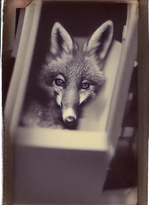 Image similar to faded polaroid photo of curious baby fox inside a cardboard box on a truck trailer