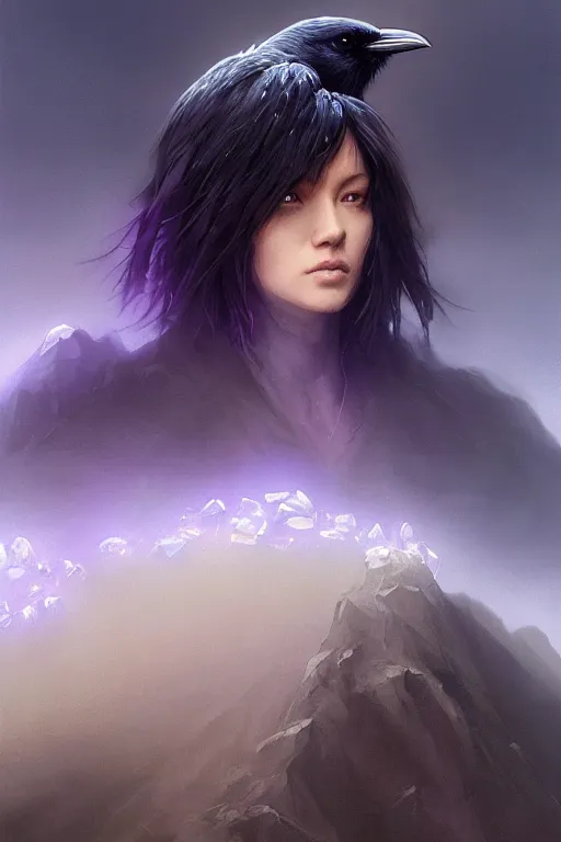 Image similar to portrait of a beautiful one raven perched on purple crystals that are glowing in a misty valley, establishing shot, extremly high detail, foto realistic, cinematic lighting, by yoshitaka amano, ruan jia, kentaro miura, artgerm, post processed, concept art, artstation, raphael lacoste, alex ross