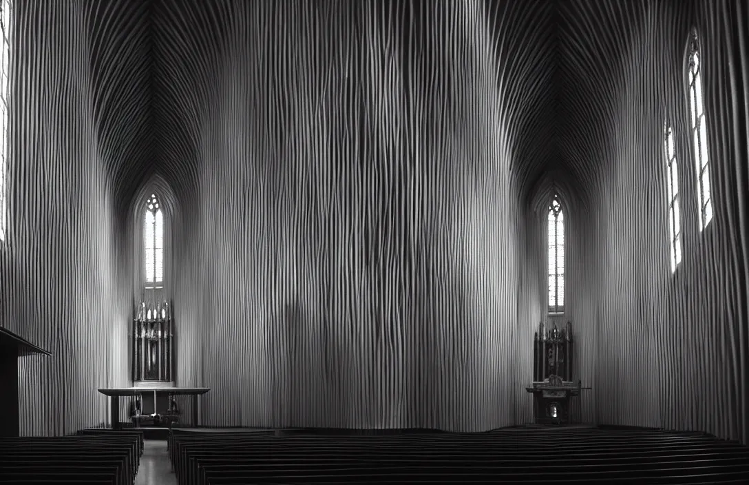 Image similar to symbolic animals line density is used for rendering light and shadow. the precision of drawing makes the final effect that of a shallow relief sculpture symbolic intact flawless ambrotype from 4 k criterion collection remastered cinematography gory horror film, ominous lighting, evil theme wow photo realistic postprocessing in this church interior, vertical lines suggest spirituality, rising beyond human reach toward the heavens. building by frank gehry