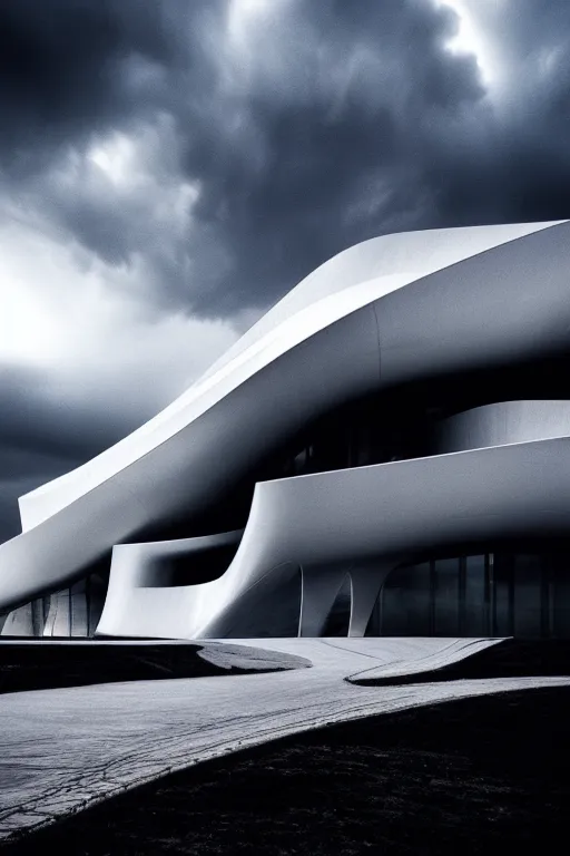 Prompt: a zaha hadid building in a stunning landscape by ansel adams, stormy weather, extreme detail photo quality, dark moody colors, featured on behance