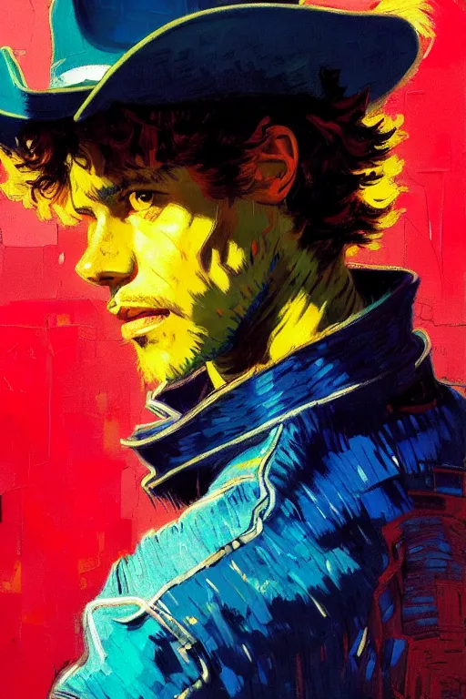 Image similar to portrait of a beautiful cowboy bebop, complementary colors, beautiful face, rule of thirds, intricate outfit, spotlight, by greg rutkowski, by jeremy mann, by francoise nielly, by van gogh, digital painting