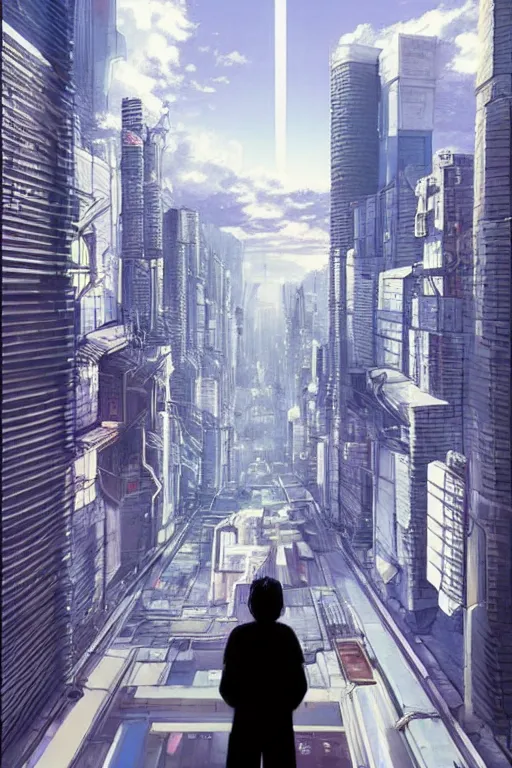 Prompt: man in white tracksuit overlooking a cyberpunk clean city, style of Mirror\'s Edge, dreamy, beautiful clouds, beautiful artwork by Makato Shinkai + Satoshi Kon, anime