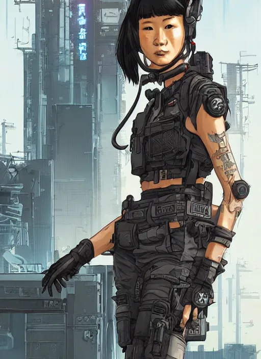 Prompt: Dangerous Mio. beautiful female Japanese cyberpunk mercenary wearing a cyberpunk tactical headset and military vest. Attractive face. Realistic Proportions. Concept art by James Gurney and Laurie Greasley. Moody Industrial skyline. ArtstationHQ. Creative character design for cyberpunk 2077.