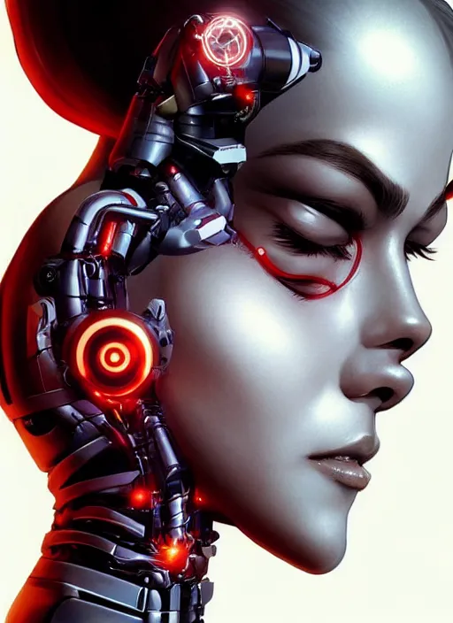 Image similar to portrait of a cyborg woman who turns her head to the ((((((right))))) left+10 (((((up))))) (((((down))))) by Artgerm,eyes closed , biomechanical, hyper detailled, trending on artstation