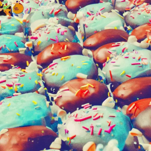 Image similar to raining donuts on a city in a studio ghibli animation