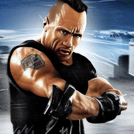 Image similar to “ the rock with hair, shot by christopher nolan, directed by michael bay, concept art ”