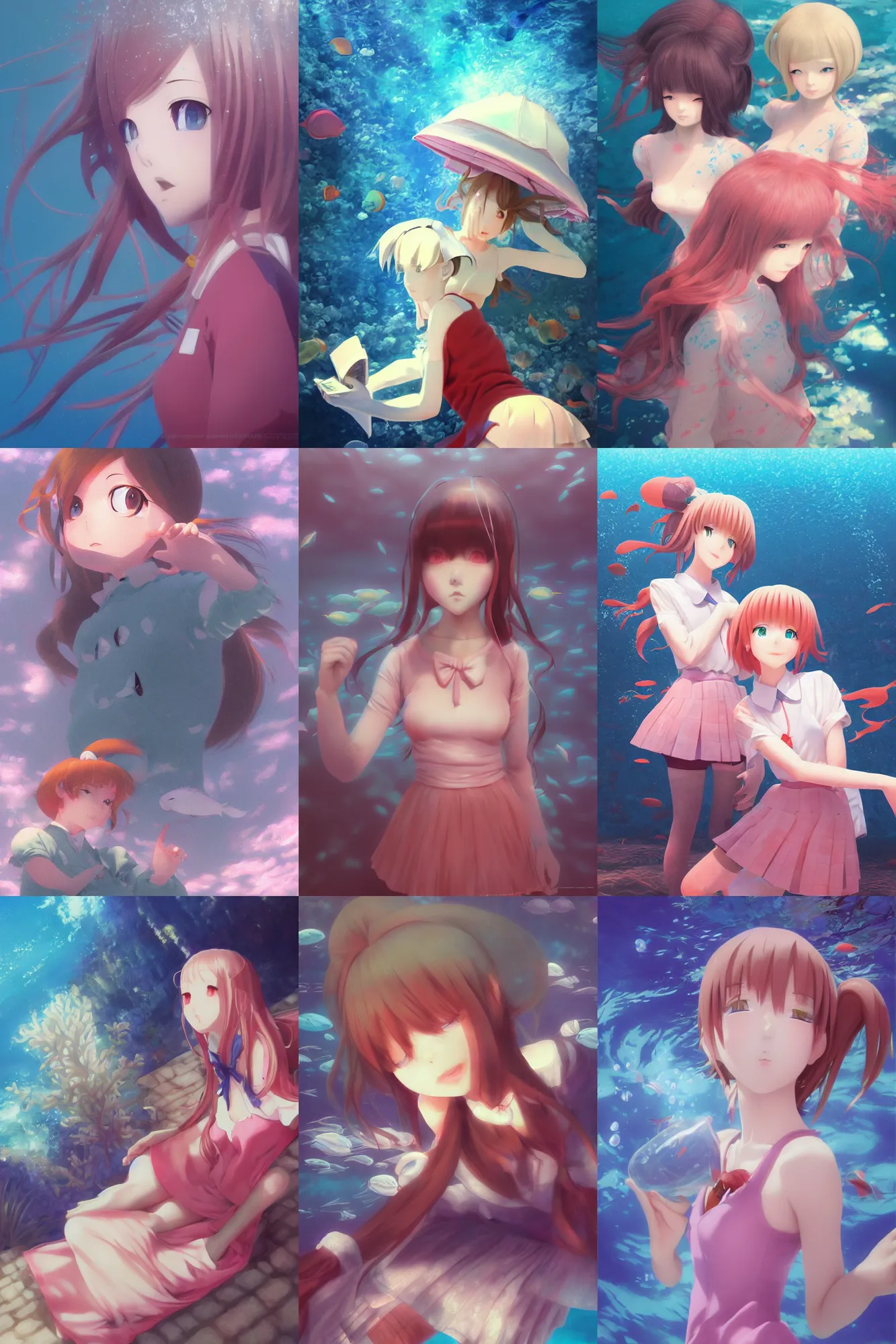 Prompt: 3d smooth infrared render portrait of beauty 3d anime lofi schoolgirls underwater. dramatic light, trending on artstation, art by hiro kiyohara and hayao miyazaki oil painting