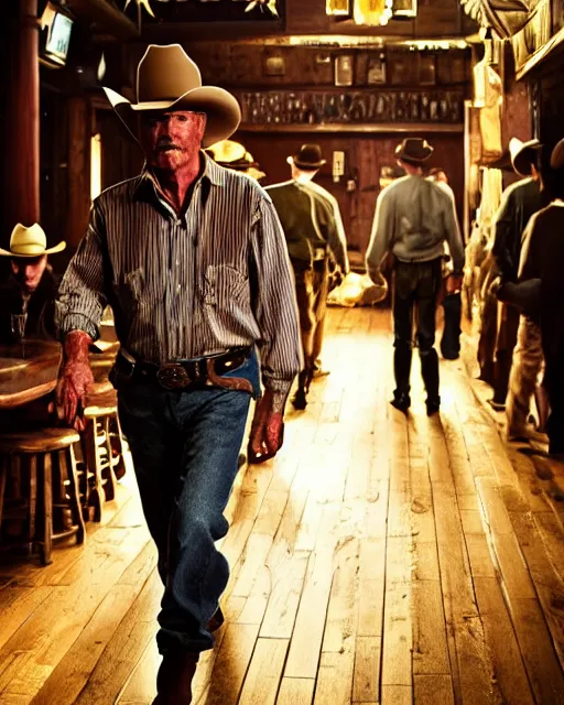 Image similar to an old cowboy walking into a crowded saloon bar. Anime. Soft lighting.