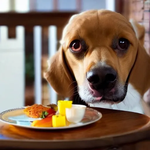 Prompt: a cute dog stares longingly at dinner, photo