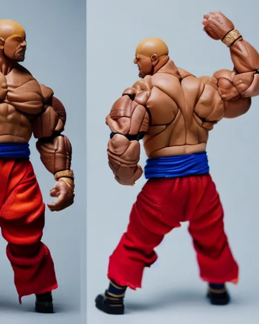 Image similar to a toy action figure of a fusion of dwayne johnson and goku, real life, studio lighting, professional photography