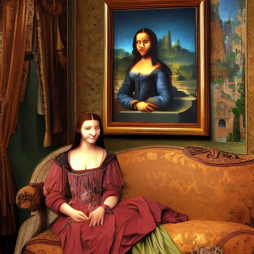 Image similar to Monalisa is sitting on her living room couch. She is dressed casually and is watching TV, Regal, Realistic, Refined, Detailed Digital Art, Josephine wall, Oil Painting, William-Adolphe Bouguereau, Art Frahm, Esao Andrews, Steampunk, Walt Disney (1937), Highly Detailed, Cinematic Lighting, Unreal Engine, 8k, HD